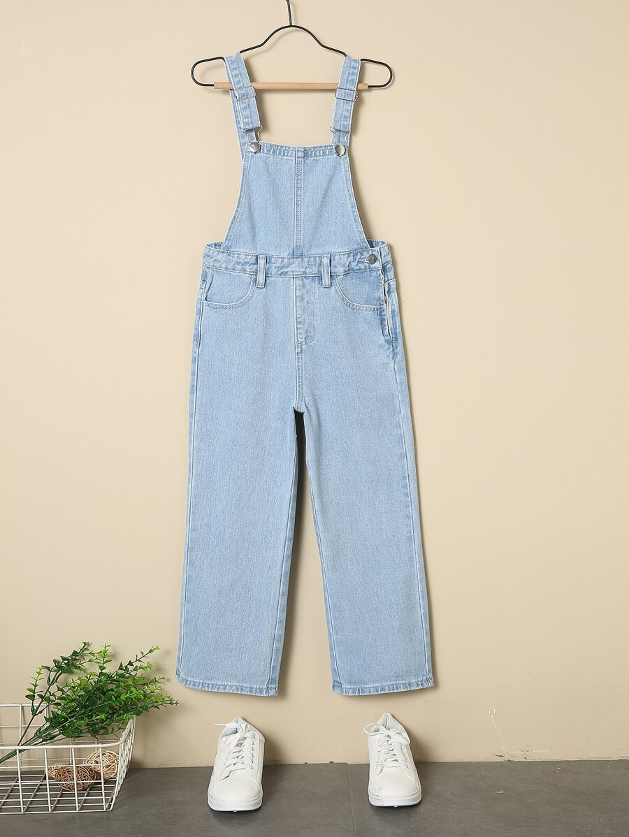 Girls Bleach Wash Denim Dungarees - Light Wash - View 1