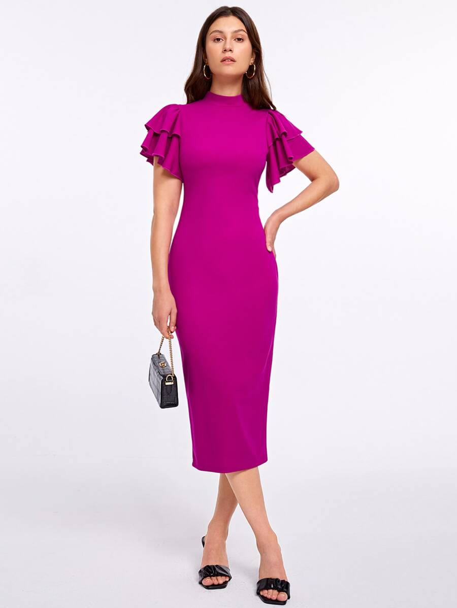 Mulvari 多層飛袖後開衩包臀洋裝 - 中紫紅色 - 查看 1