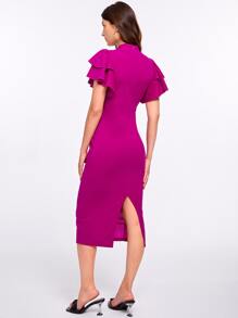 Mulvari 多層飛袖後開衩包臀洋裝 - 中紫紅色 - 查看 2