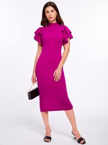 Mulvari 多層飛袖後開衩包臀洋裝 - 中紫紅色 - 查看 6