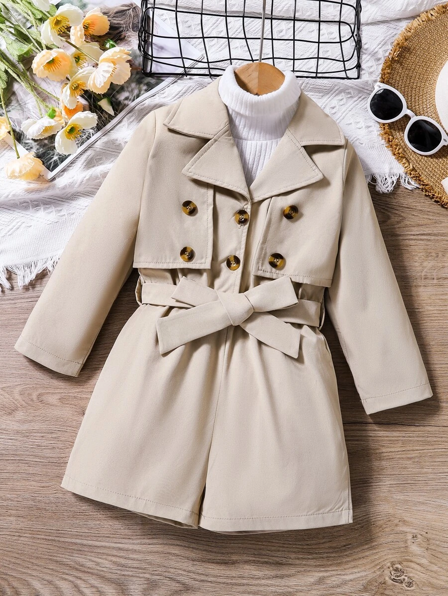 Toddler Girls 1pc Button Front Belted Romper - Khaki - View 1