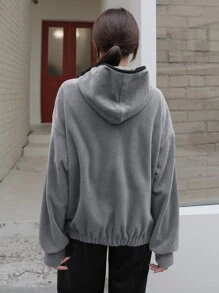 DAZY Letter Embroidery Zip Up Drop Shoulder Hooded Fleece Jacket - Light Grey - View 2