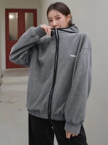 DAZY Letter Embroidery Zip Up Drop Shoulder Hooded Fleece Jacket - Light Grey - View 3