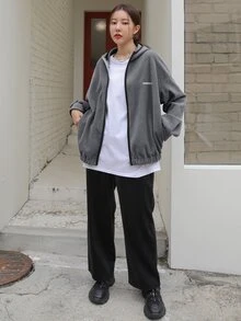 DAZY Letter Embroidery Zip Up Drop Shoulder Hooded Fleece Jacket - Light Grey - View 6