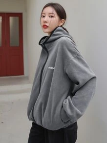 DAZY Letter Embroidery Zip Up Drop Shoulder Hooded Fleece Jacket - Light Grey - View 5