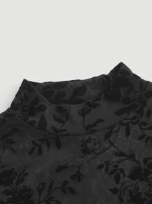 SHEIN MOD Mock Neck Floral Mesh Crop Top Without Bra - Black - View 4
