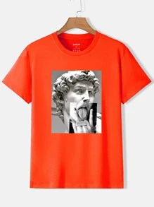 男士雕像和人像圖案T恤 - 橘色 - 查看 1