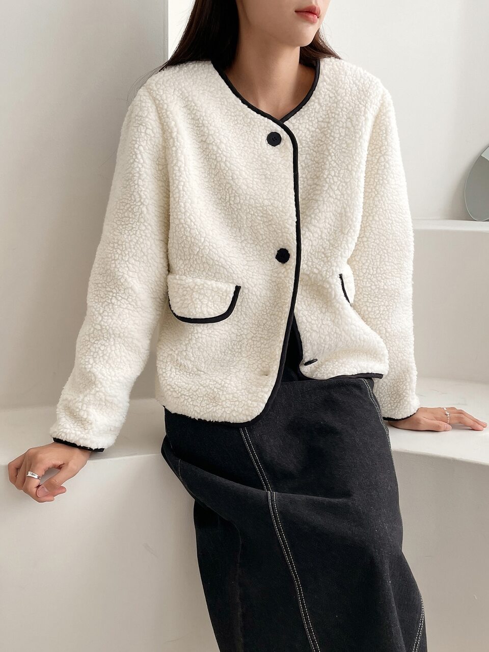 Contrast Binding Button Front Teddy Jacket