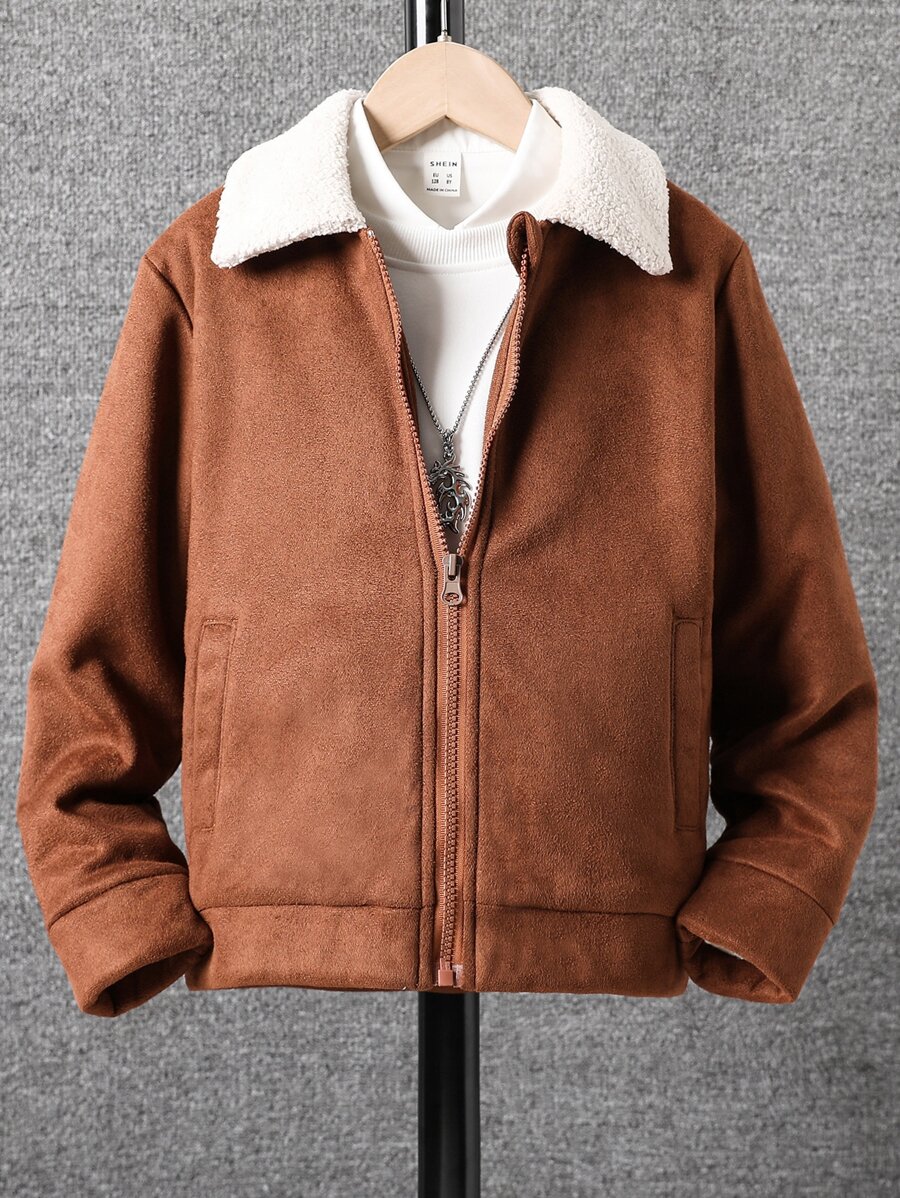 Boys 1pc Borg Collar Zip Up Jacket - Coffee Brown - View 1
