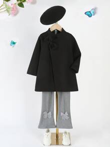 SHEIN Young Girl Bow Front Overcoat & Hat - Black - View 7