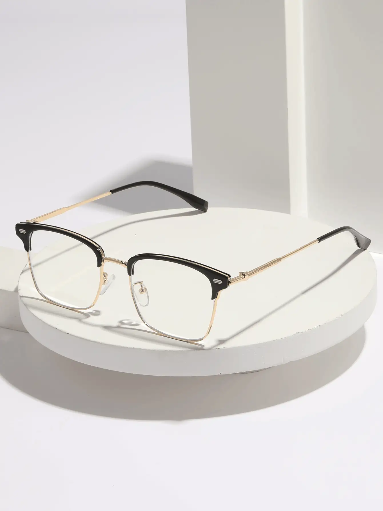 1 件经典金属混合 Tr90 复古装饰眼镜，黑金色铜框，适合大学生休闲阅读/电脑游戏/手机娱乐缓解眼疲劳，配眼镜盒眼镜配件 - 彩色 - 查看 2