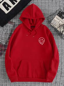 男士卡通和標語圖案加絨內裏袋鼠口袋抽繩連帽衫 - 紅色 - 查看 2