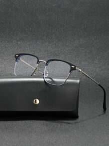1 件装经典金属混合框架复古铆钉韩式装饰眼镜，黑色或银色铜框，适合大学生、休闲阅读、电脑、游戏、缓解眼疲劳，附赠眼镜盒和眼镜带 - 黑與白 - 查看 1