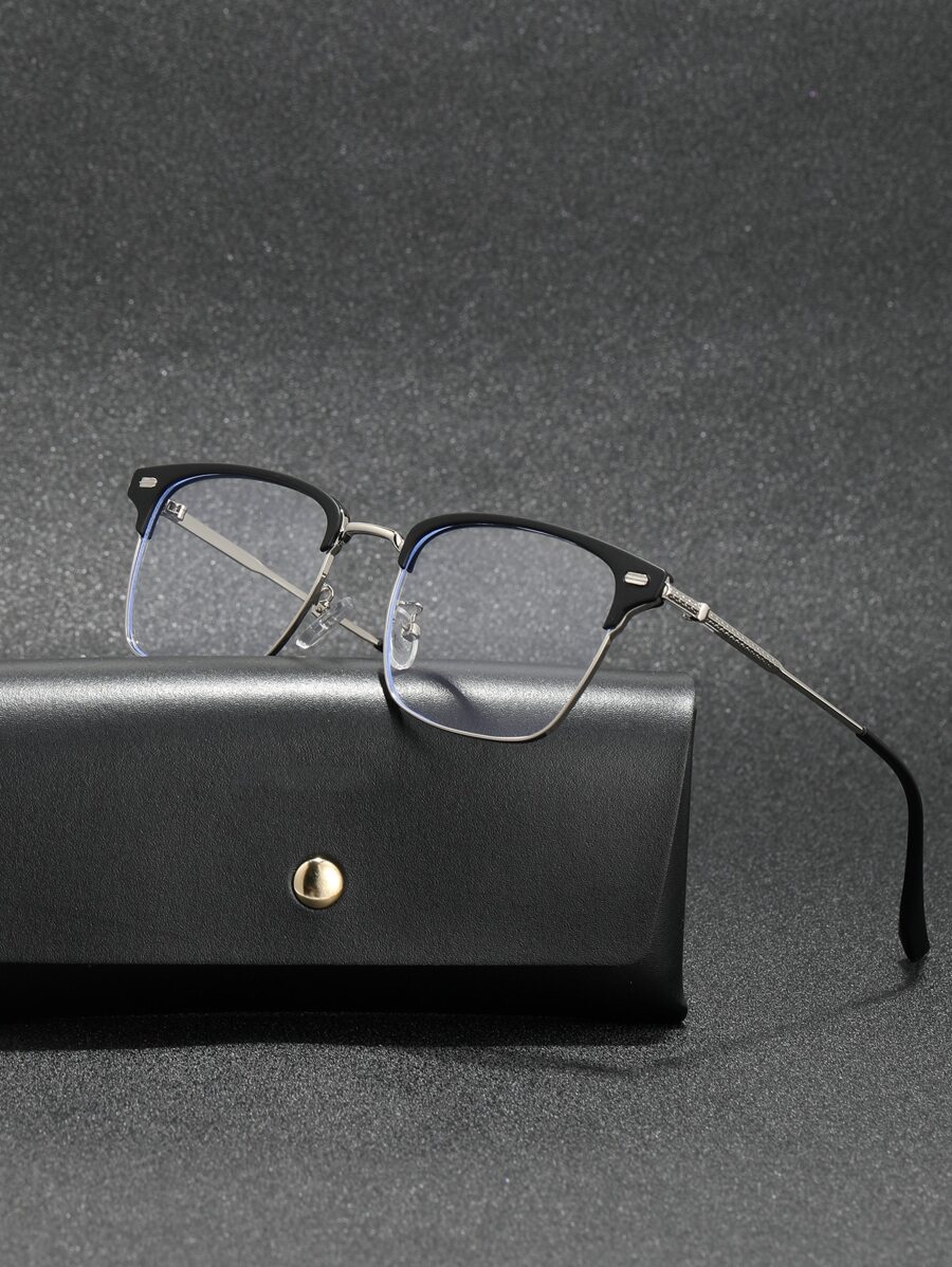 1 件装经典金属混合框架复古铆钉韩式装饰眼镜，黑色或银色铜框，适合大学生、休闲阅读、电脑、游戏、缓解眼疲劳，附赠眼镜盒和眼镜带 - 黑與白 - 查看 1