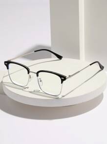 1 件装经典金属混合框架复古铆钉韩式装饰眼镜，黑色或银色铜框，适合大学生、休闲阅读、电脑、游戏、缓解眼疲劳，附赠眼镜盒和眼镜带 - 黑與白 - 查看 3