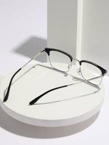 1 件装经典金属混合框架复古铆钉韩式装饰眼镜，黑色或银色铜框，适合大学生、休闲阅读、电脑、游戏、缓解眼疲劳，附赠眼镜盒和眼镜带 - 黑與白 - 查看 4