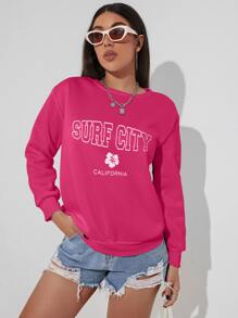 SHEIN EZwear Letter Graphic Drop Shoulder Thermal Lined Pullover - Hot Pink - View 4