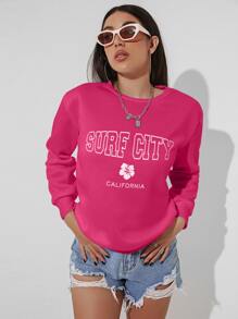 SHEIN EZwear Letter Graphic Drop Shoulder Thermal Lined Pullover - Hot Pink - View 5