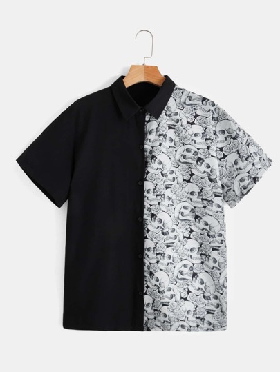 Skull & Rose Print Two Tone Shirt