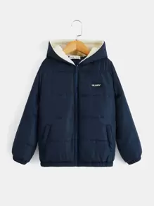 SHEIN 男童字母拼接细节泰迪熊衬里连帽拉链填充外套