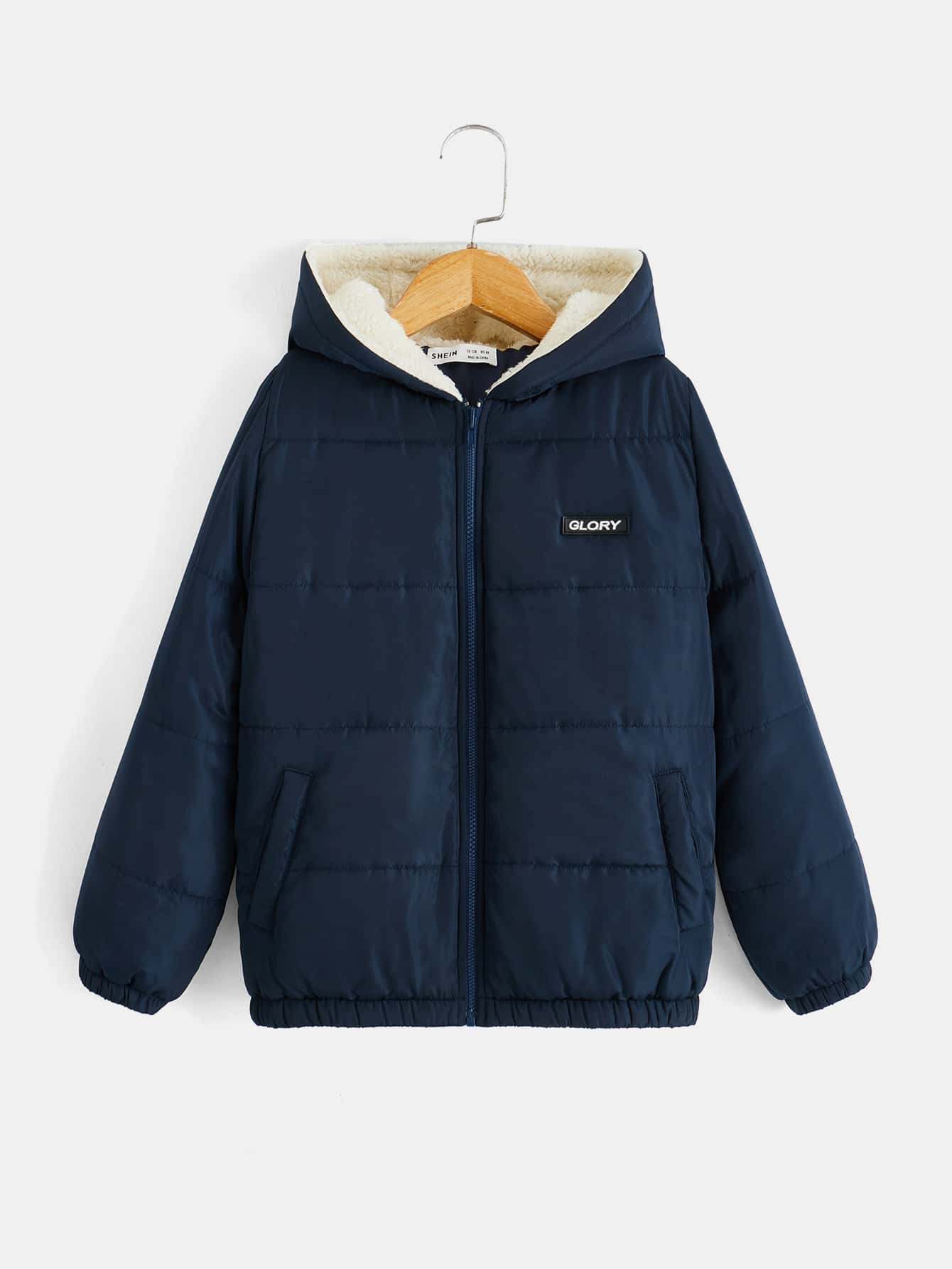 SHEIN 男童字母拼接细节泰迪熊衬里连帽拉链填充外套