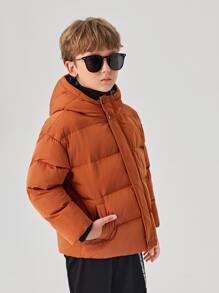 SHEIN Tween Boys Button Front Hooded Padded Coat - Burnt Orange - View 1