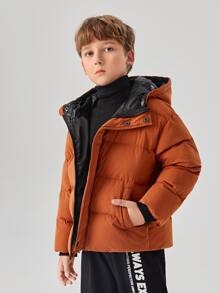 SHEIN Tween Boys Button Front Hooded Padded Coat - Burnt Orange - View 3