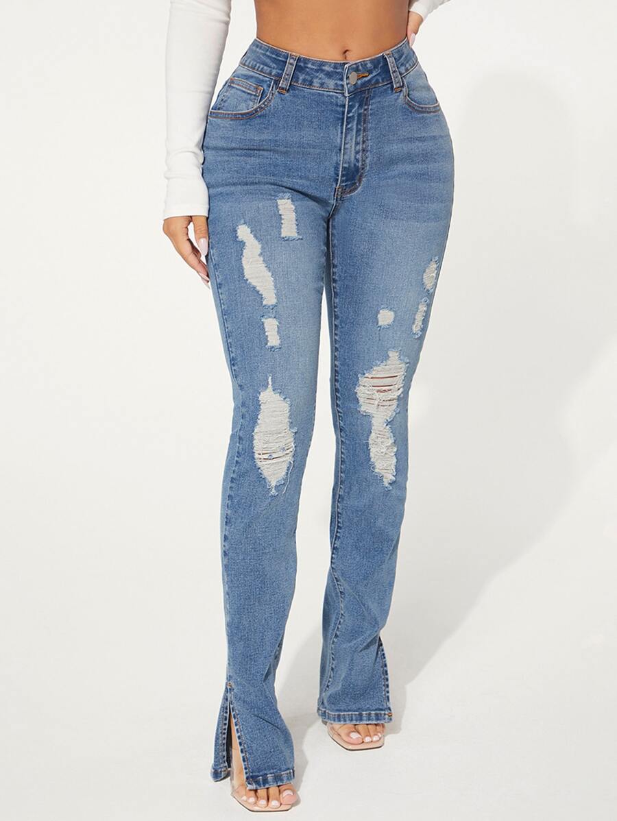 SHEIN SXY Ripped Slit Hem Skinny Jeans - Light Wash - View 1