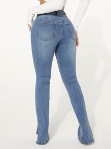 SHEIN SXY Ripped Slit Hem Skinny Jeans - Light Wash - View 2