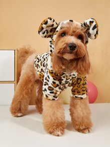 豹紋圖案3D耳朵設計連帽長毛絨寵物外套 - 彩色 - 查看 2