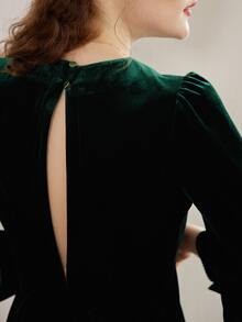 Simple Retro Solid Puff Sleeve Velvet Dress - Dark Green - View 7