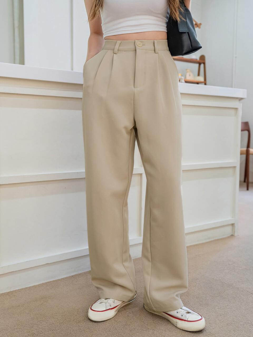 Plicated Straight Leg Tailored Pants Business Attire