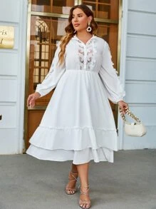 Simplee Plus Contrast Lace Lantern Sleeve Layered Hem Dress - White - View 1