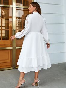 Simplee Plus Contrast Lace Lantern Sleeve Layered Hem Dress - White - View 2