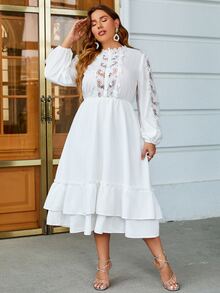 Simplee Plus Contrast Lace Lantern Sleeve Layered Hem Dress - White - View 3