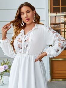 Simplee Plus Contrast Lace Lantern Sleeve Layered Hem Dress - White - View 4