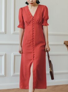 Simple Retro Polka Dot Print Flounce Sleeve Split Thigh Dress - Red - View 2