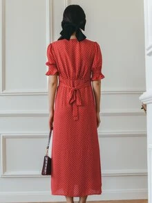 Simple Retro Polka Dot Print Flounce Sleeve Split Thigh Dress - Red - View 3