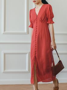 Simple Retro Polka Dot Print Flounce Sleeve Split Thigh Dress - Red - View 4