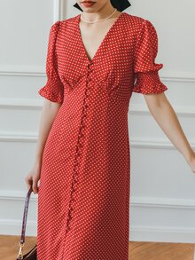 Simple Retro Polka Dot Print Flounce Sleeve Split Thigh Dress - Red - View 5