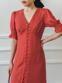 Simple Retro Polka Dot Print Flounce Sleeve Split Thigh Dress - Red - View 6
