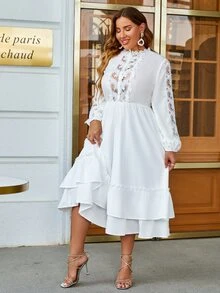 Simplee Plus Contrast Lace Lantern Sleeve Layered Hem Dress - White - View 6