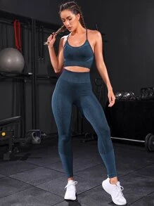 Powerista 交叉背部紧身运动套装 女士健身套装 健身房女士服装 - 水鴨藍 - 查看 4