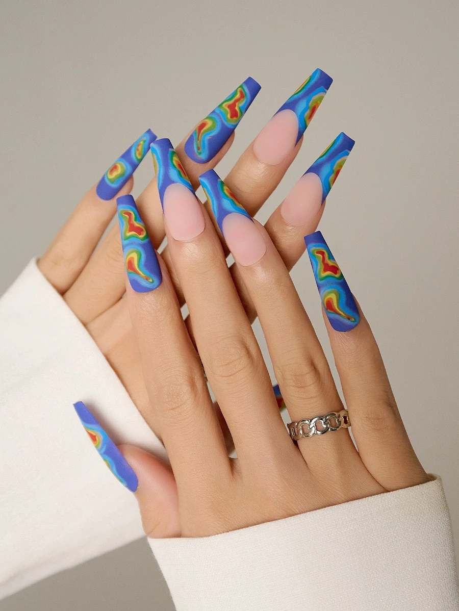 用24入組長棺材熱力圖圖案啞光撞色假指甲和1張膠帶和1入組指甲銼改變您指甲 - 彩色 - 查看 1