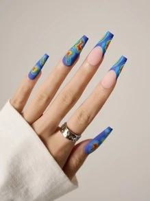 用24入組長棺材熱力圖圖案啞光撞色假指甲和1張膠帶和1入組指甲銼改變您指甲 - 彩色 - 查看 5