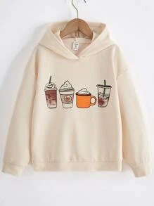 SHEIN Tween Girl Beverage Print Drop Shoulder Sweatshirt - Apricot - View 1