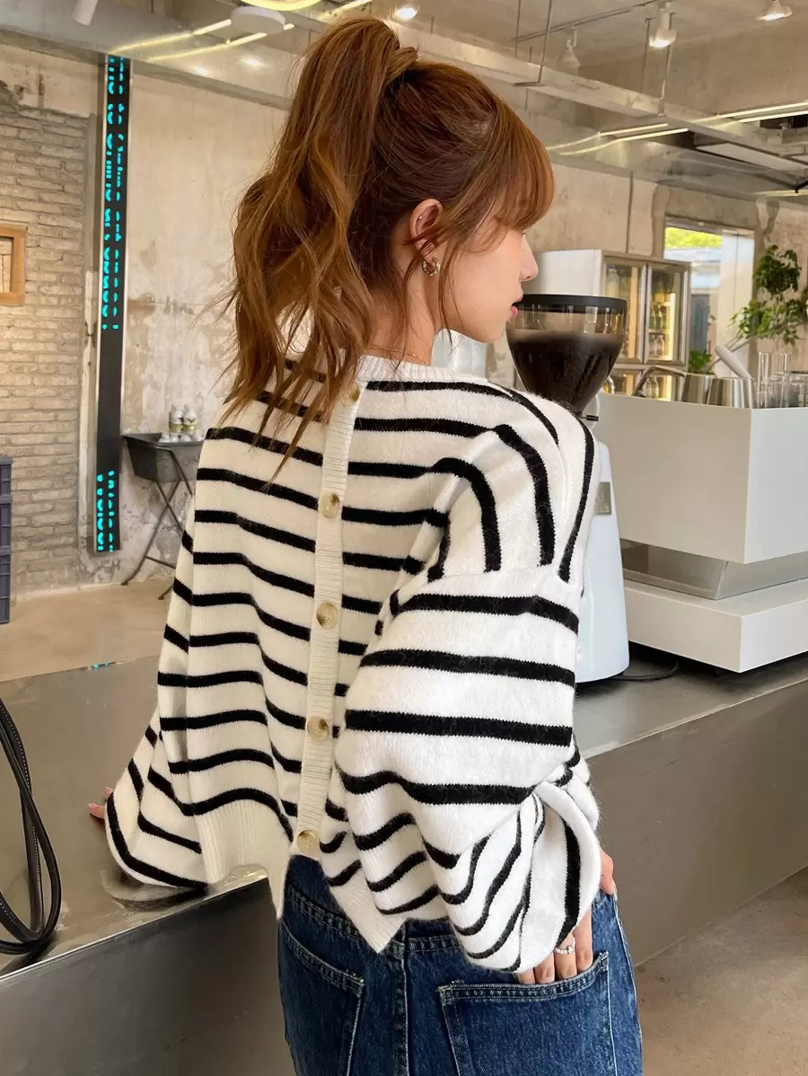 DAZY Mẫu sọc Ngực đơn Tách rời Thả vai Áo len - Đen và trắng - Xem 1