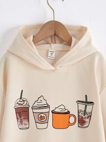 SHEIN Tween Girl Beverage Print Drop Shoulder Sweatshirt - Apricot - View 3