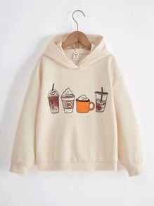 SHEIN Tween Girl Beverage Print Drop Shoulder Sweatshirt - Apricot - View 4
