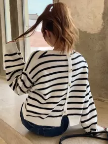 DAZY Mẫu sọc Ngực đơn Tách rời Thả vai Áo len - Đen và trắng - Xem 3